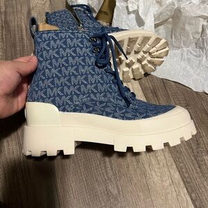 Michael Kors Women Payton Denim Bootie. Navy Blue with Cream Soles